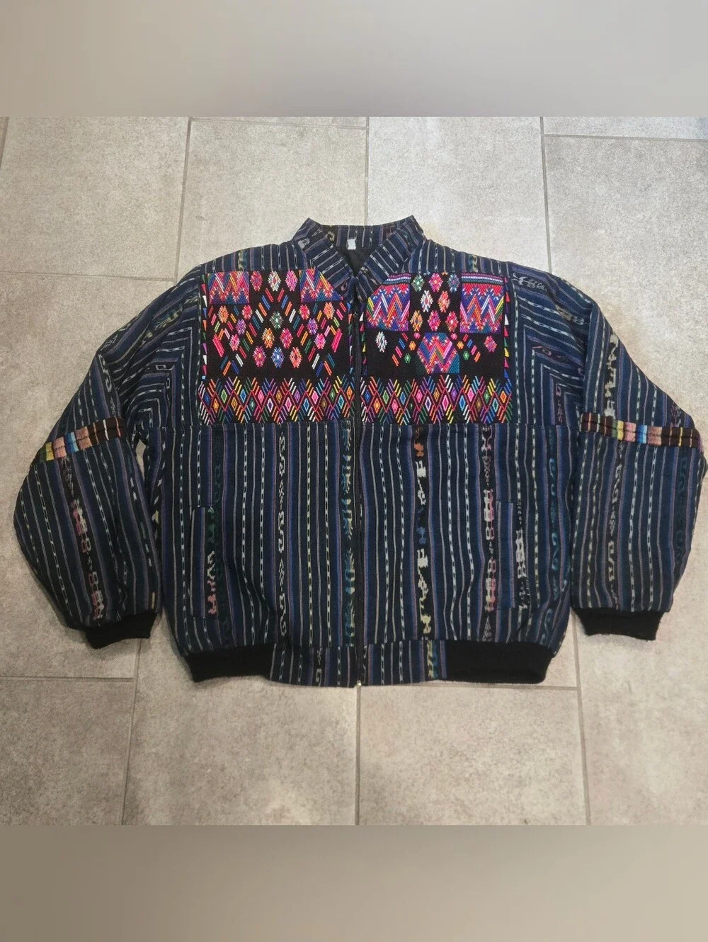 Vintage Guatemalan Multicolor Embroidered Ikat Serape Jacket 2XL? 80s Colorful